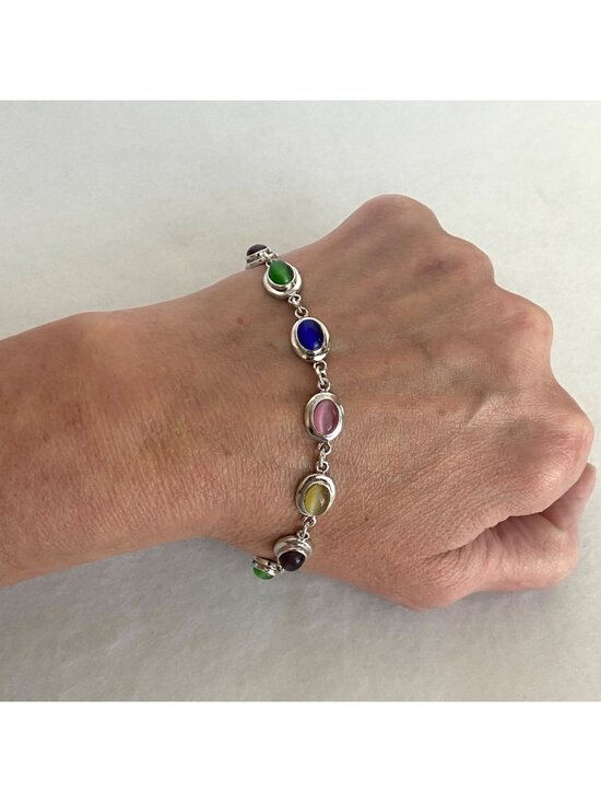 Jewelry - Sterling Silver 925 Multi Colored Oval Cats Eye Link Station Bracelet Sz 7.75"